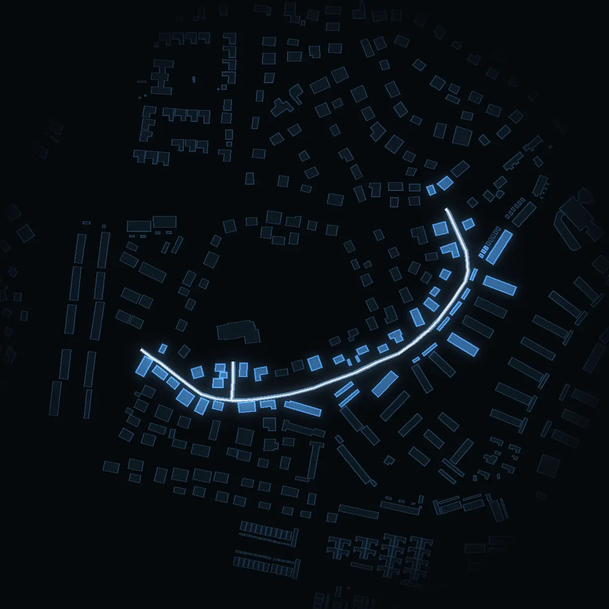 The street at night: Orionvägen drawn in white, its buildings lit in the colour of their area’s income