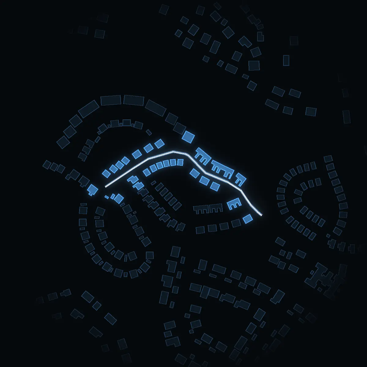 The street at night: Orkanvägen drawn in white, its buildings lit in the colour of their area’s income