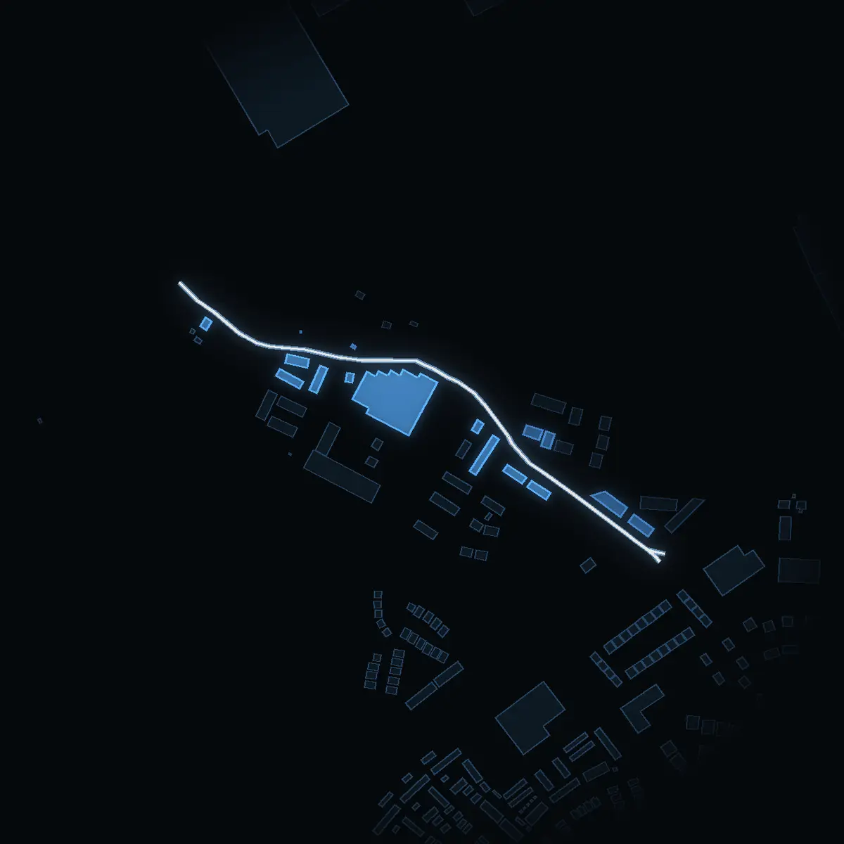 The street at night: Ormbackavägen drawn in white, its buildings lit in the colour of their area’s income