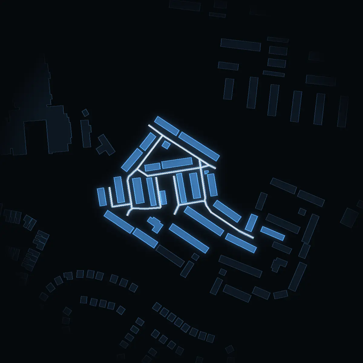 The street at night: Paranötsgränd drawn in white, its buildings lit in the colour of their area’s income