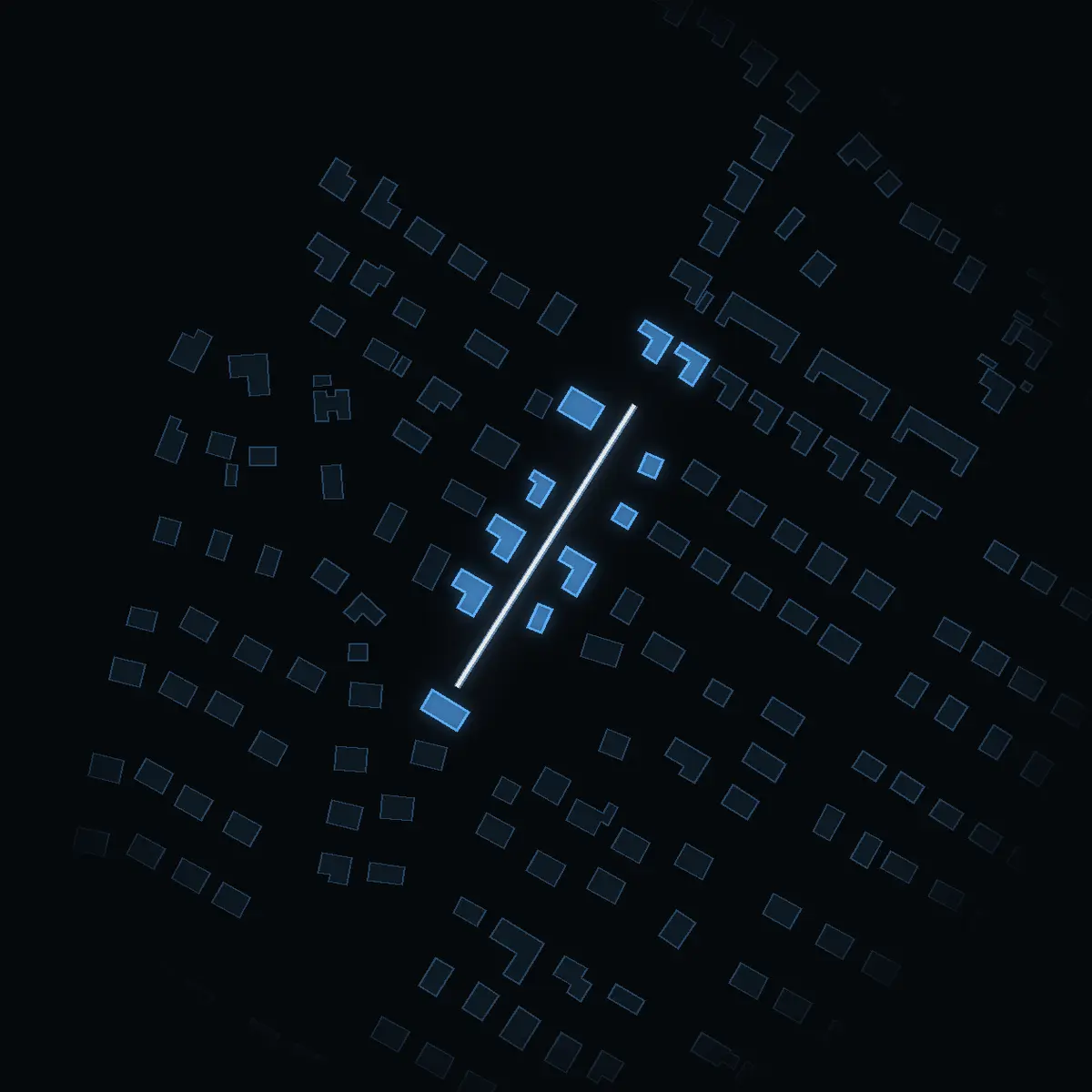 The street at night: Påskvägen drawn in white, its buildings lit in the colour of their area’s income