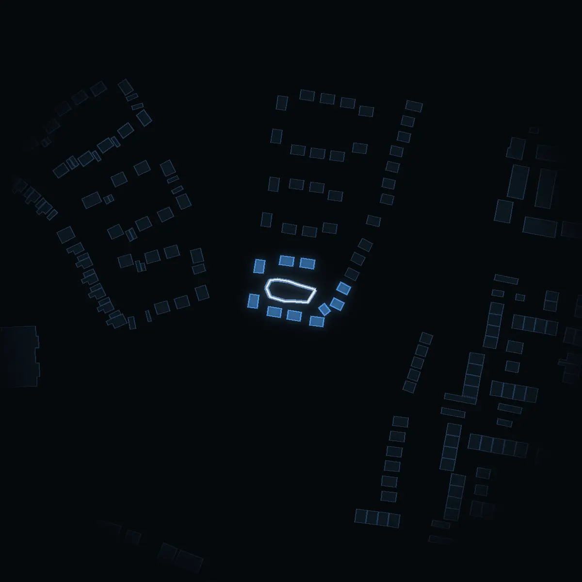 The street at night: Pastellgränd drawn in white, its buildings lit in the colour of their area’s income