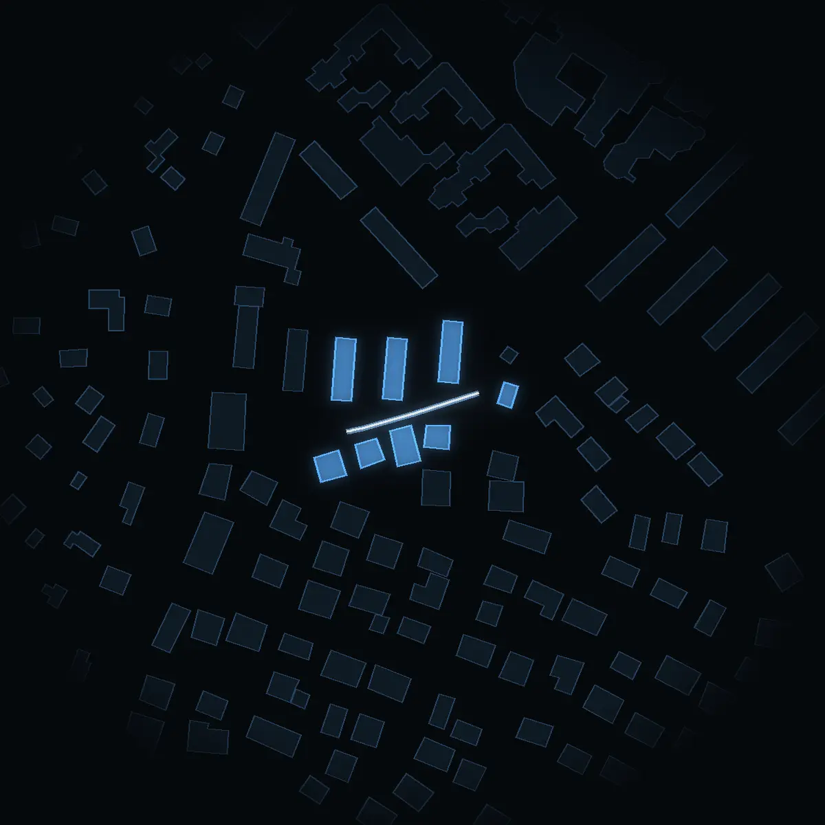 The street at night: Pilotvägen drawn in white, its buildings lit in the colour of their area’s income