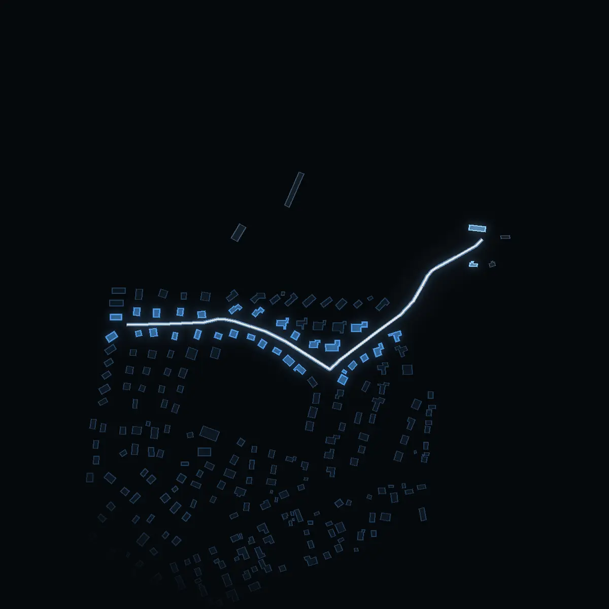 The street at night: Pionvägen drawn in white, its buildings lit in the colour of their area’s income