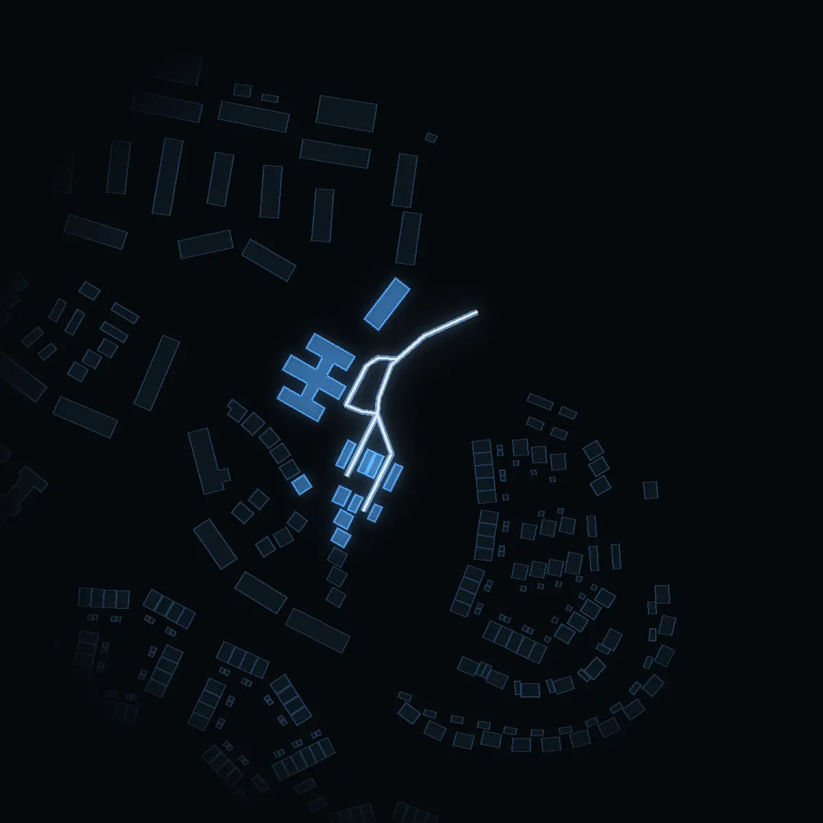 The street at night: Plommonvägen drawn in white, its buildings lit in the colour of their area’s income