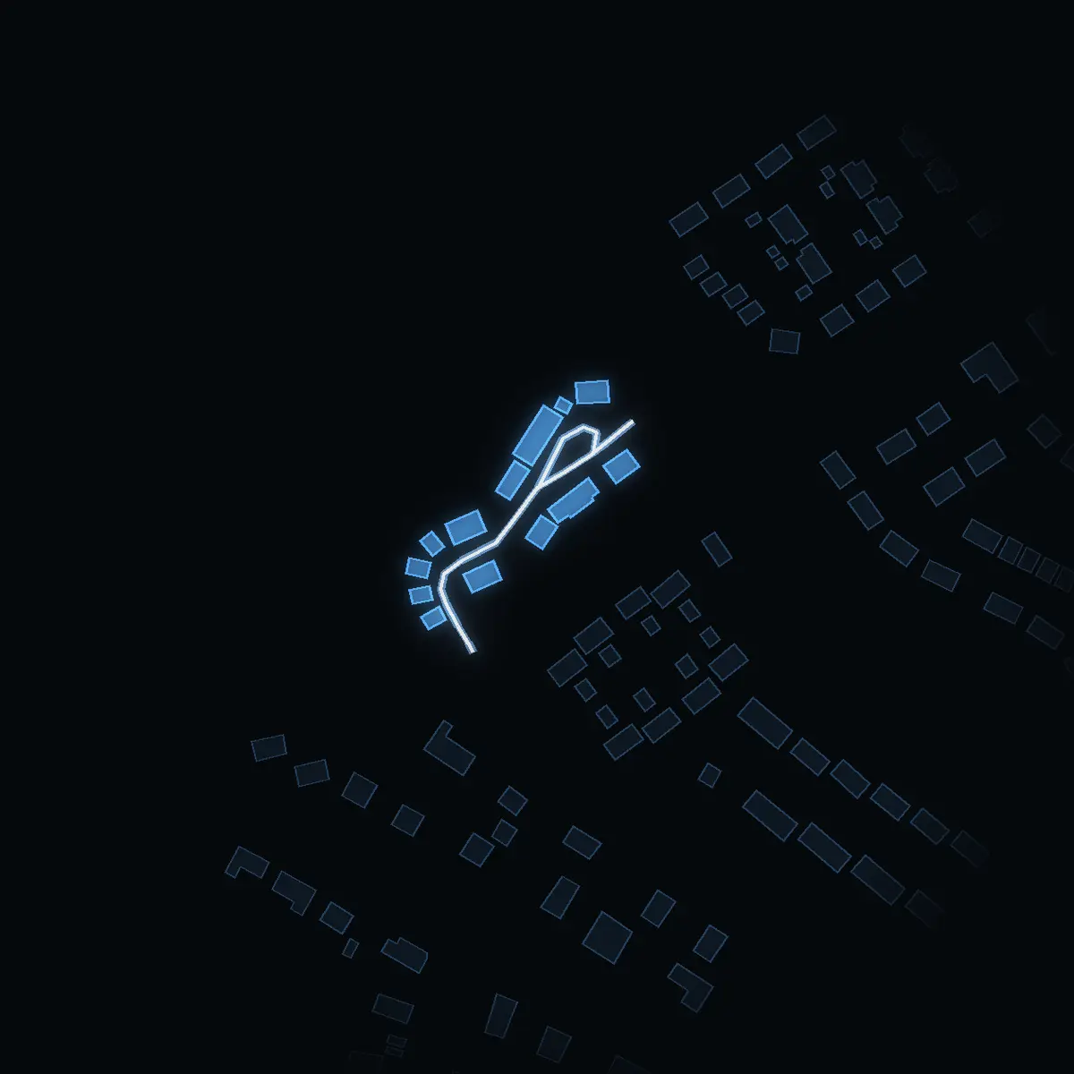 The street at night: Polluxgränd drawn in white, its buildings lit in the colour of their area’s income