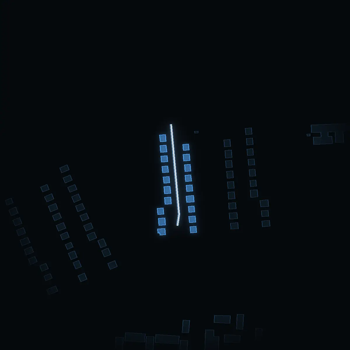 The street at night: Polygonvägen drawn in white, its buildings lit in the colour of their area’s income