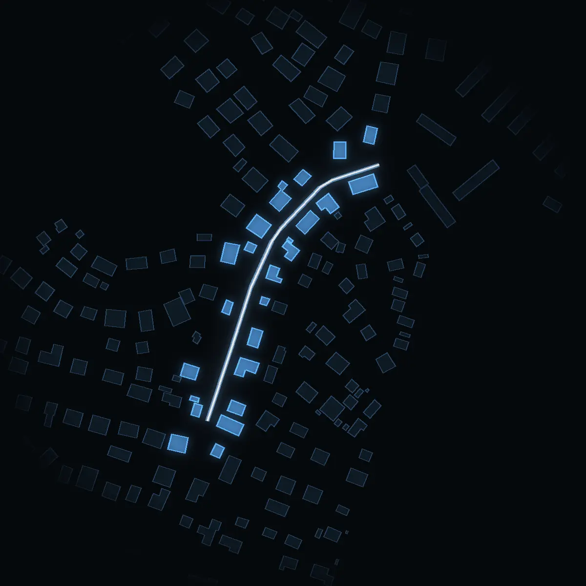 The street at night: Poppelvägen drawn in white, its buildings lit in the colour of their area’s income
