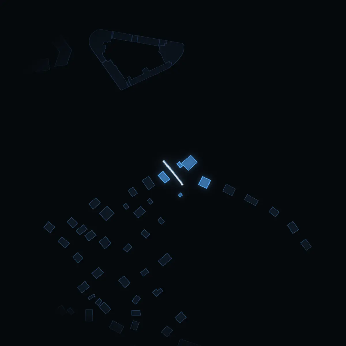 The street at night: Predikantvägen drawn in white, its buildings lit in the colour of their area’s income