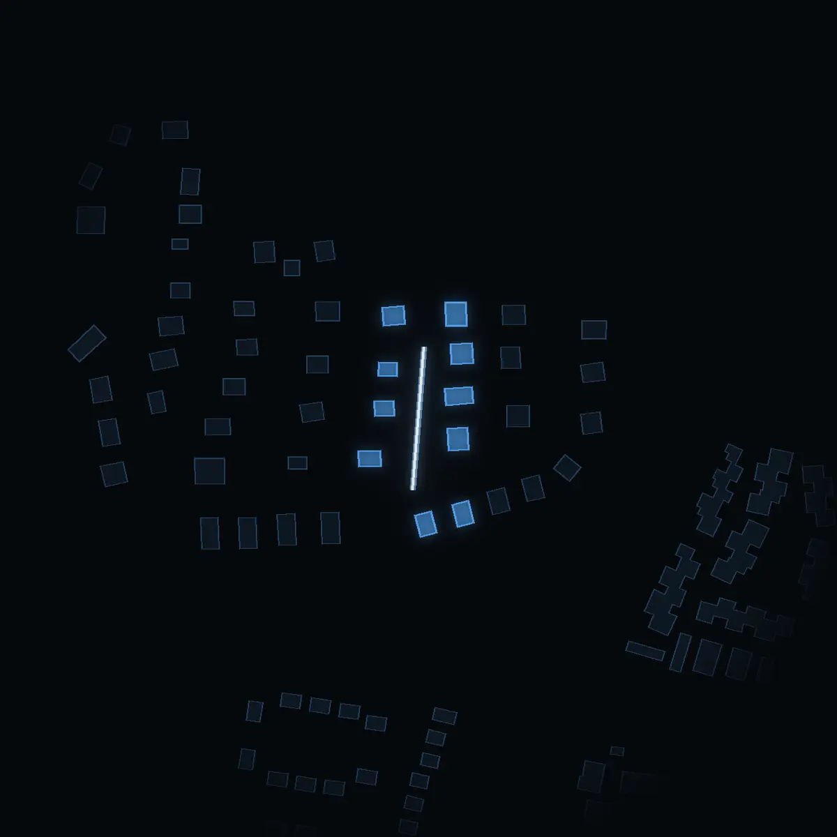The street at night: Reliefvägen drawn in white, its buildings lit in the colour of their area’s income