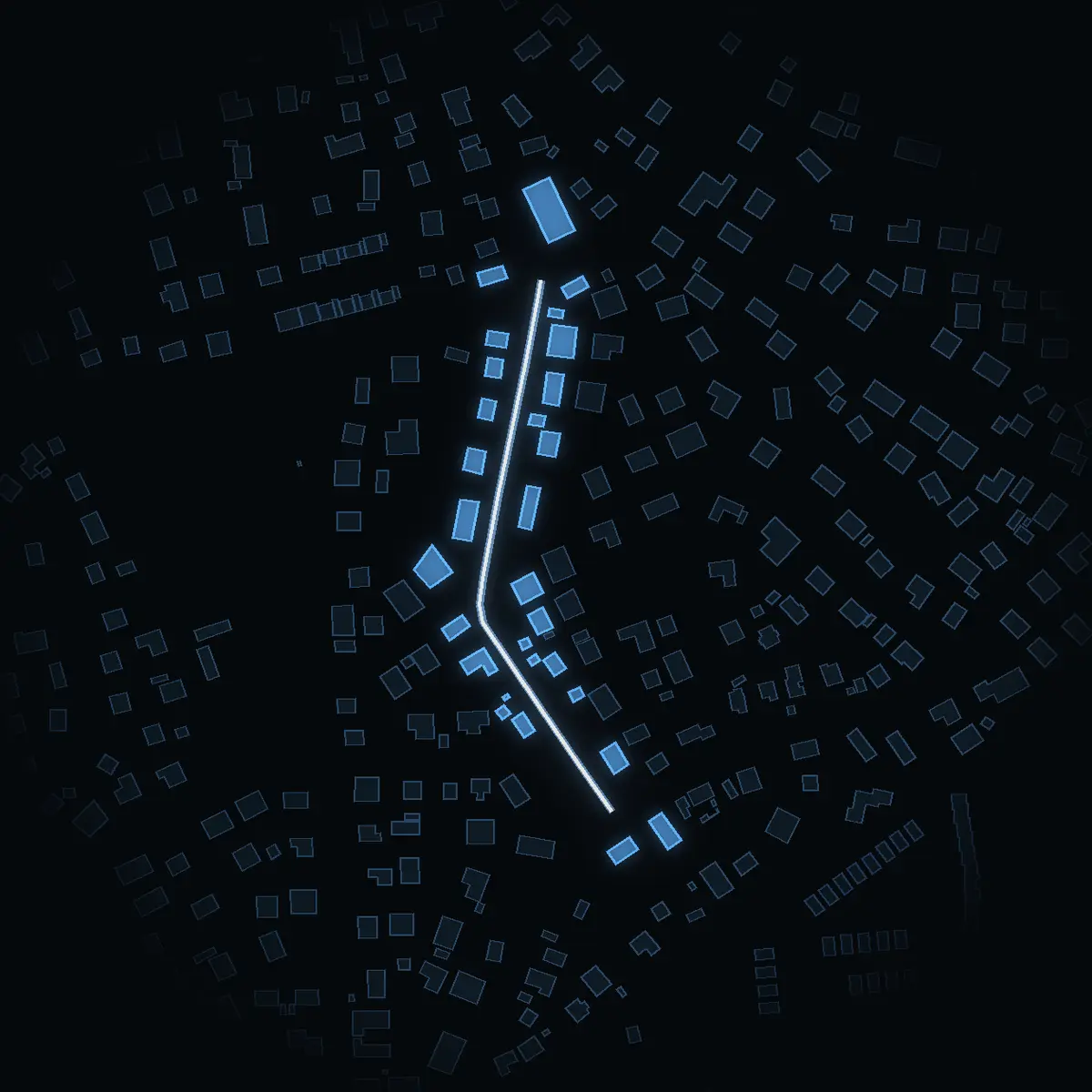 The street at night: Riksdalervägen drawn in white, its buildings lit in the colour of their area’s income