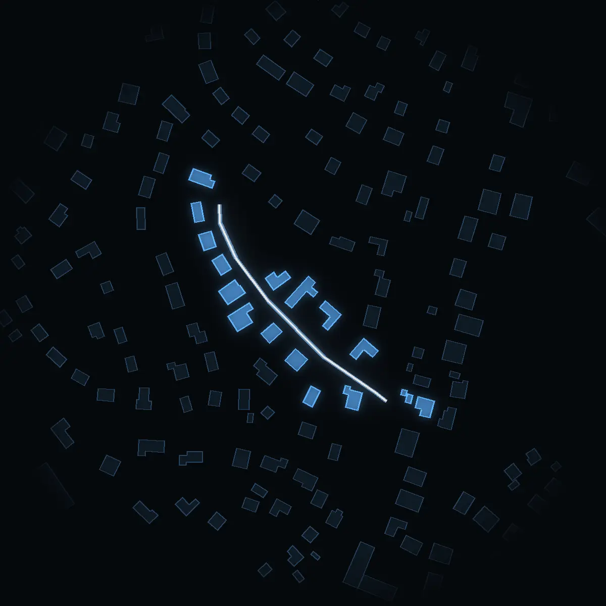 The street at night: Rödhakevägen drawn in white, its buildings lit in the colour of their area’s income