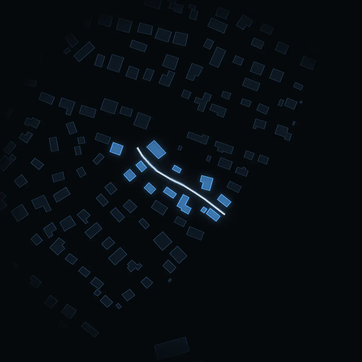 The street at night: Rönnvägen drawn in white, its buildings lit in the colour of their area’s income