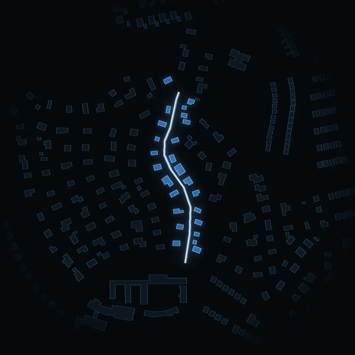 The street at night: Ryttarvägen drawn in white, its buildings lit in the colour of their area’s income