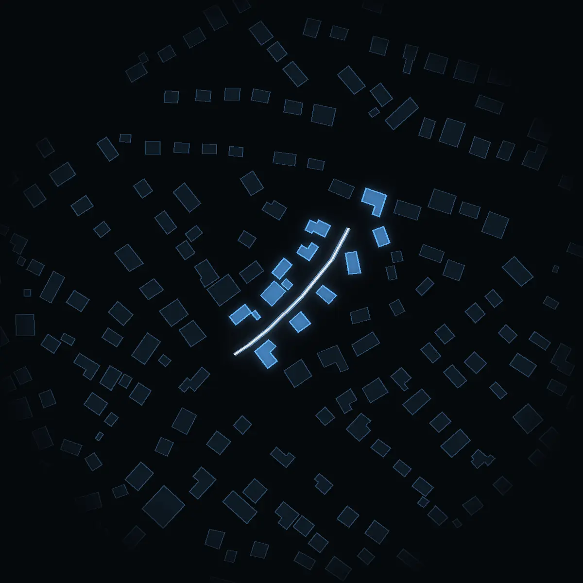 The street at night: Sälgvägen drawn in white, its buildings lit in the colour of their area’s income