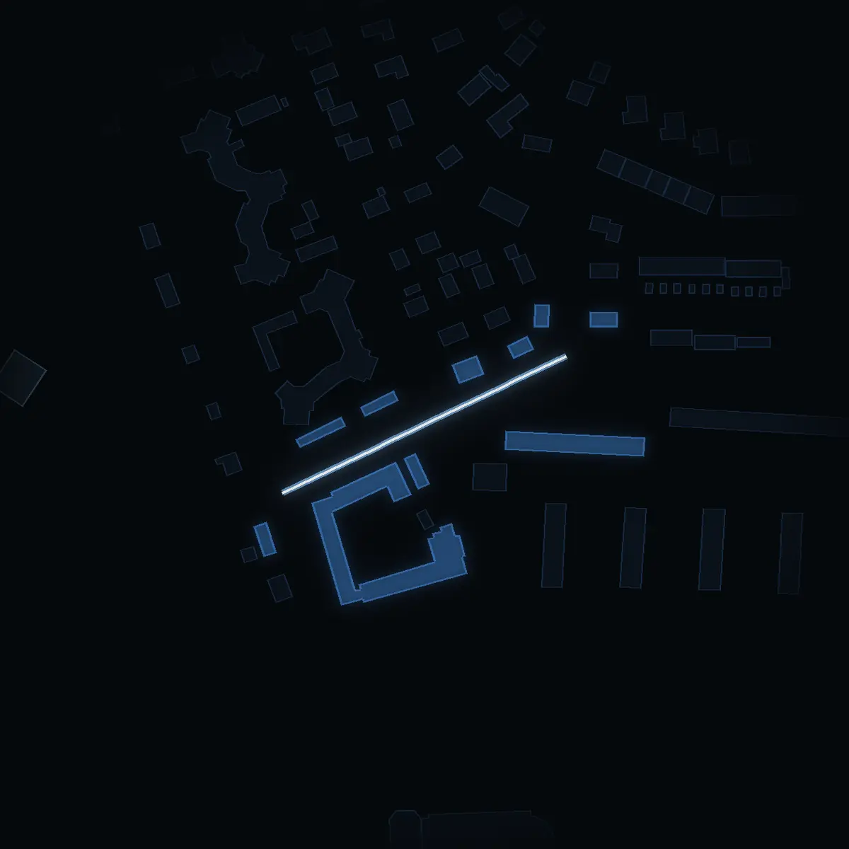 The street at night: Sångvägen drawn in white, its buildings lit in the colour of their area’s income