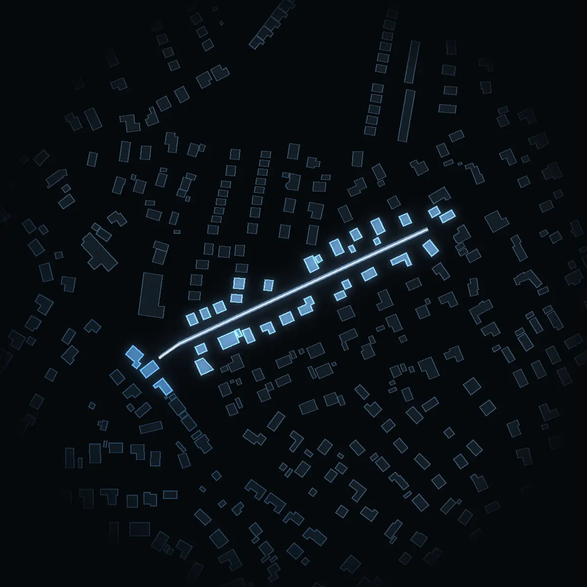 The street at night: Sätervägen drawn in white, its buildings lit in the colour of their area’s income