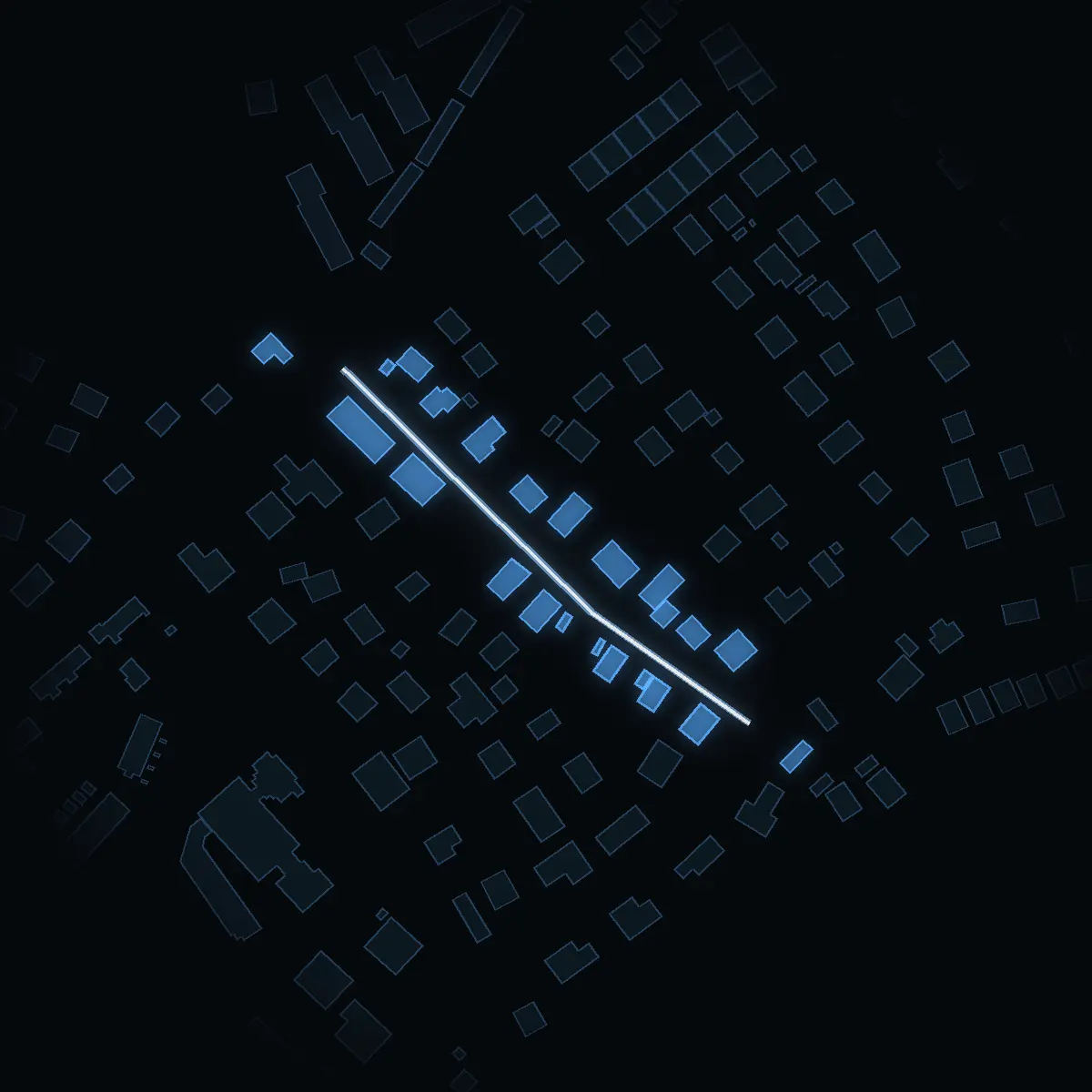 The street at night: Saturnusvägen drawn in white, its buildings lit in the colour of their area’s income