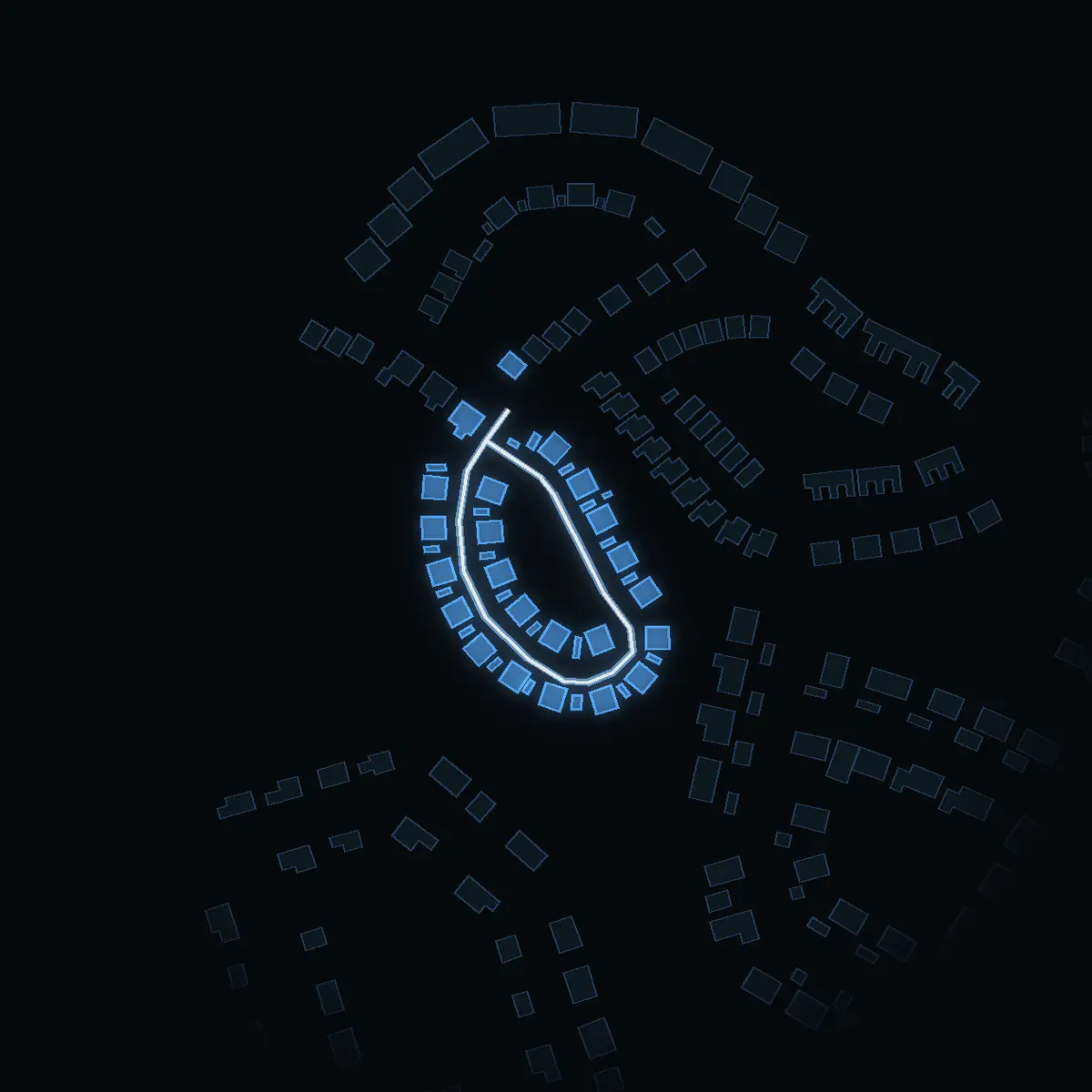 Gatan nattetid: Sjöbrisgränd inritad i vitt, husen tända i färgen för områdets inkomst