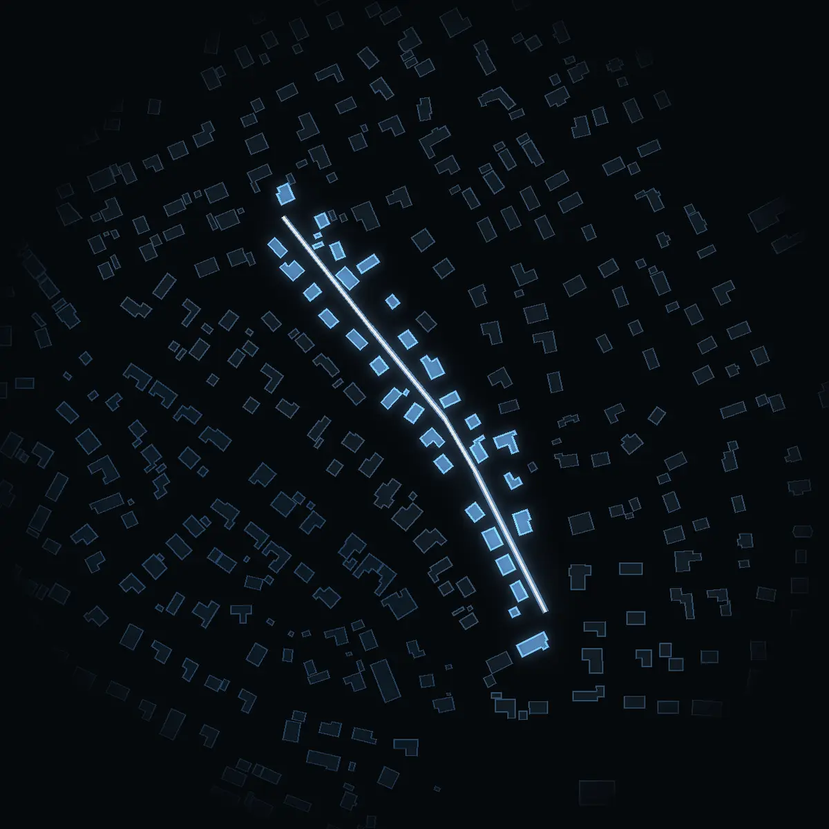 The street at night: Släntvägen drawn in white, its buildings lit in the colour of their area’s income