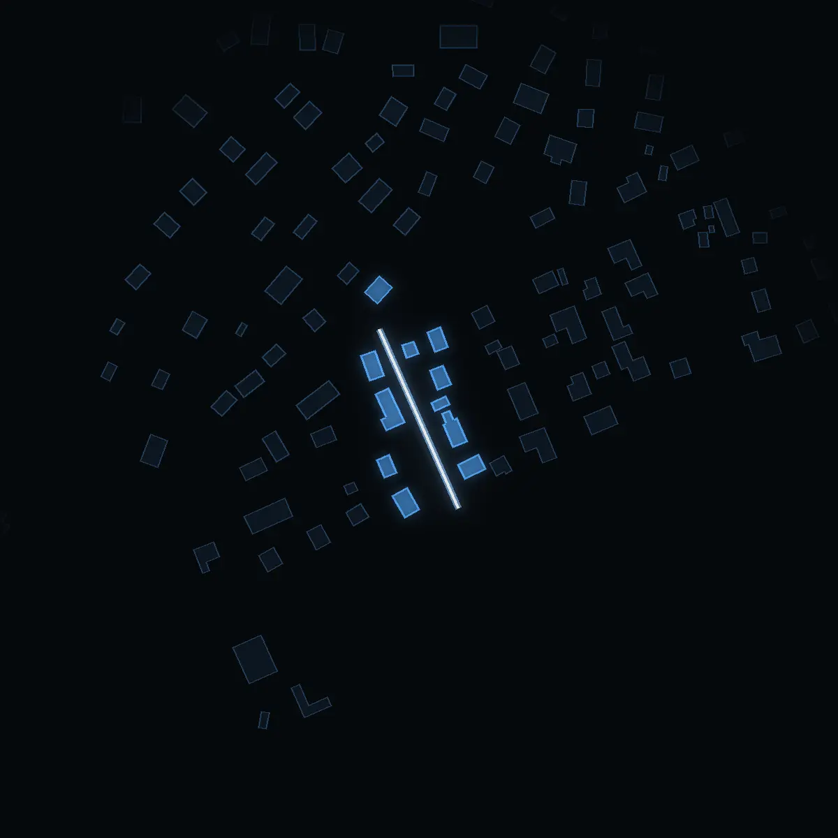 The street at night: Solrosvägen drawn in white, its buildings lit in the colour of their area’s income
