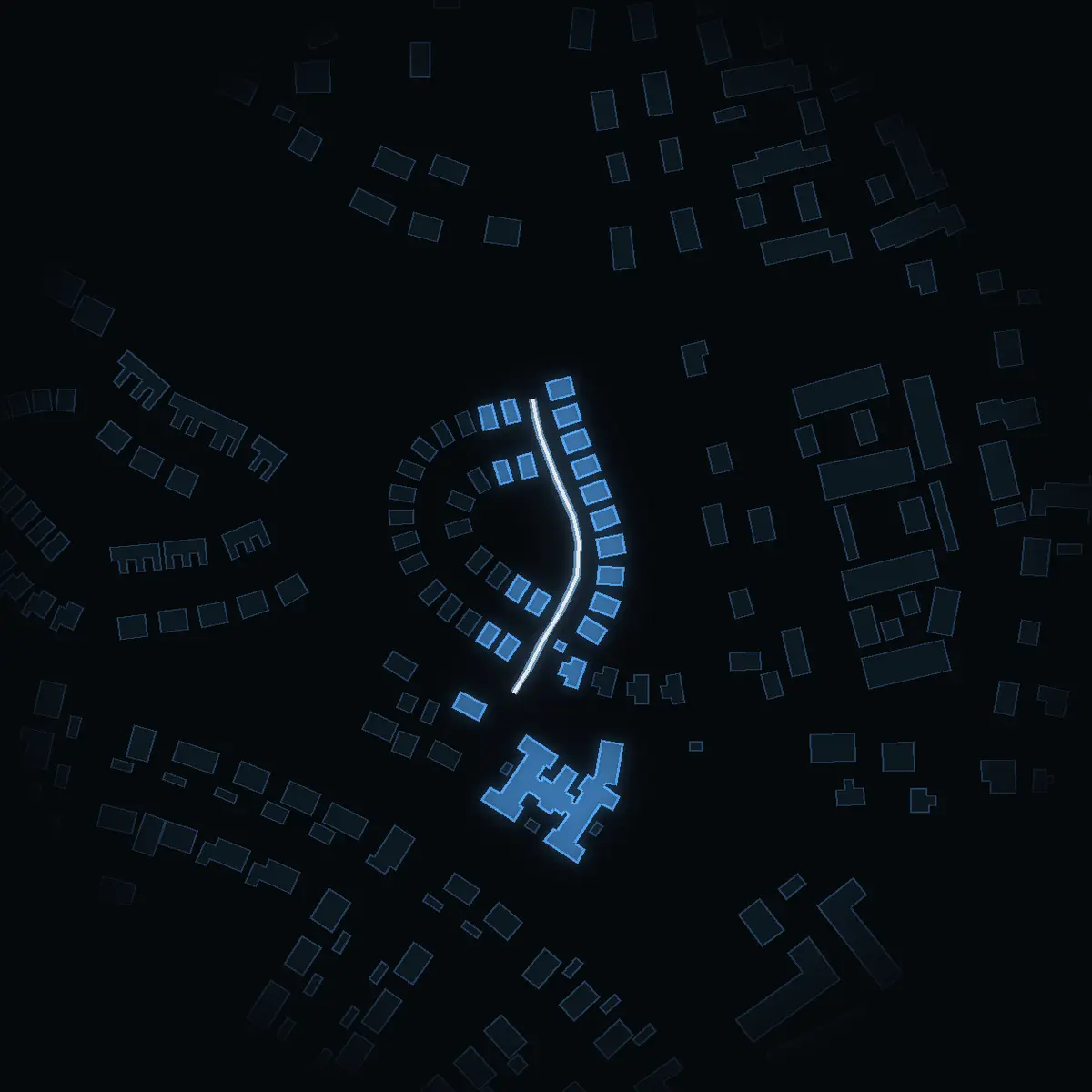 The street at night: Solskensgränd drawn in white, its buildings lit in the colour of their area’s income