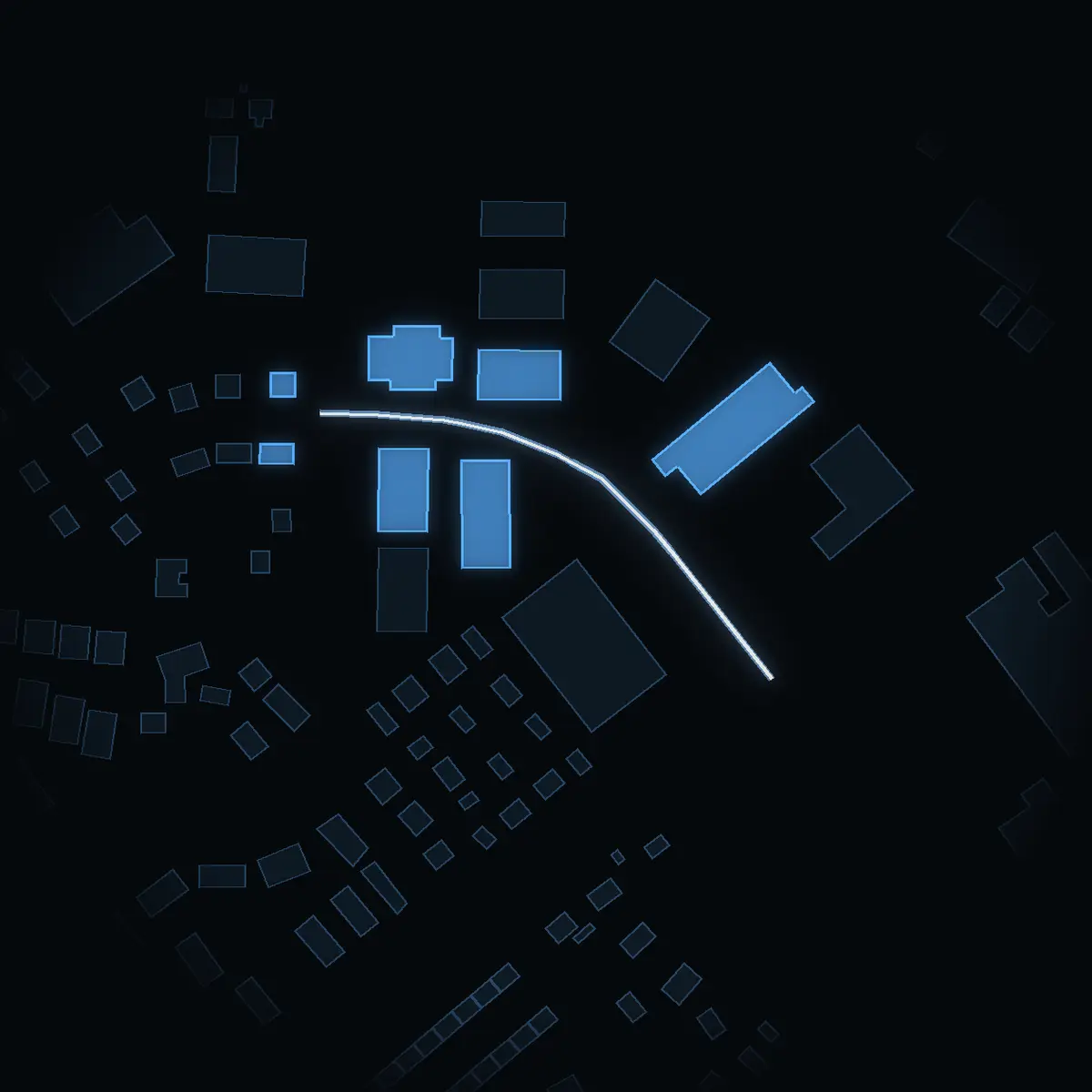 The street at night: Spjutvägen drawn in white, its buildings lit in the colour of their area’s income