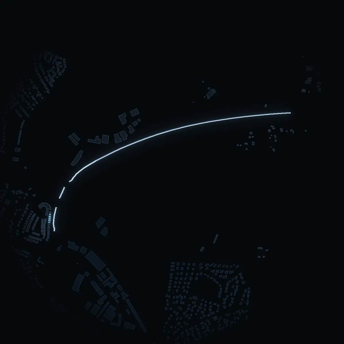 The street at night: Stäketleden drawn in white, its buildings lit in the colour of their area’s income