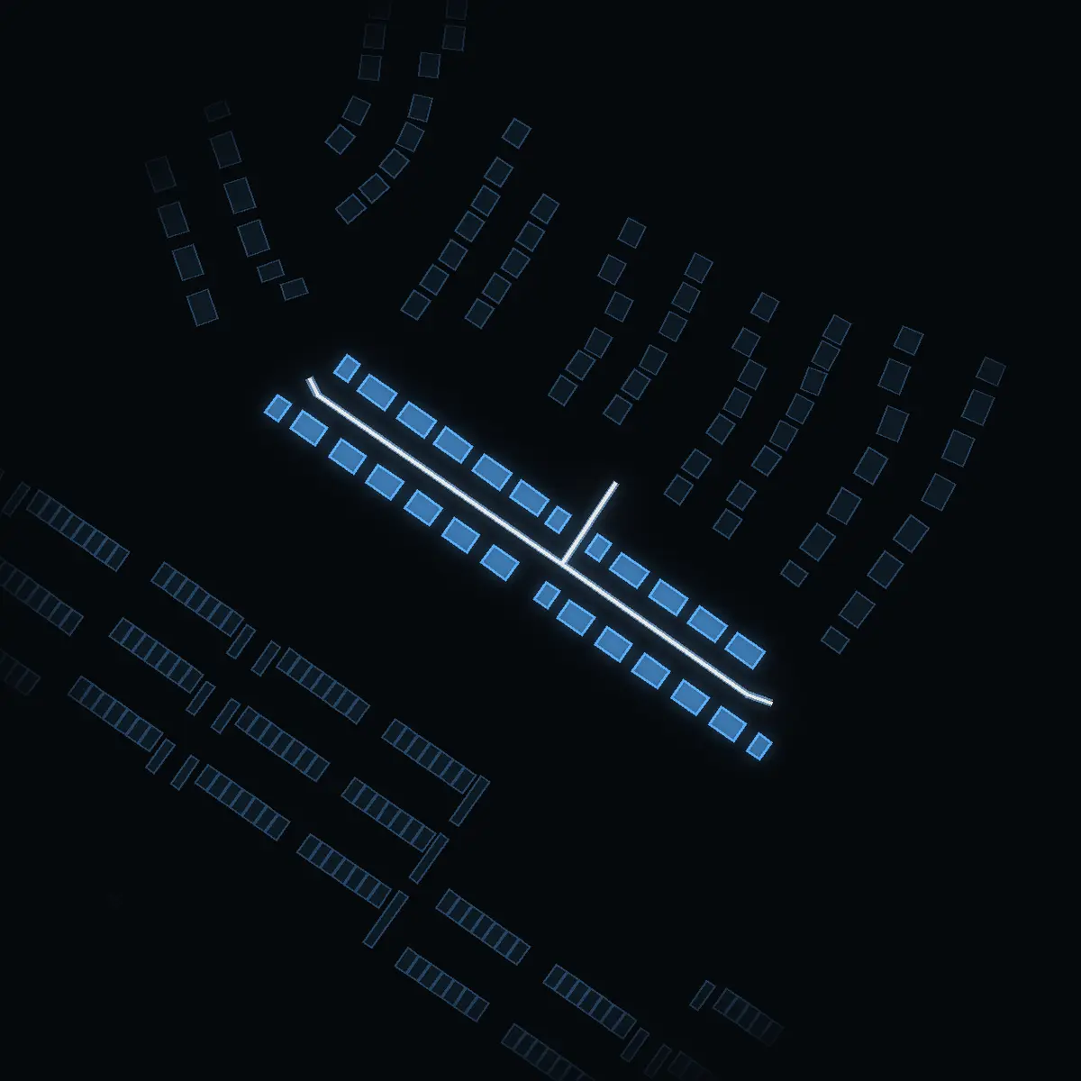 The street at night: Stängselvägen drawn in white, its buildings lit in the colour of their area’s income