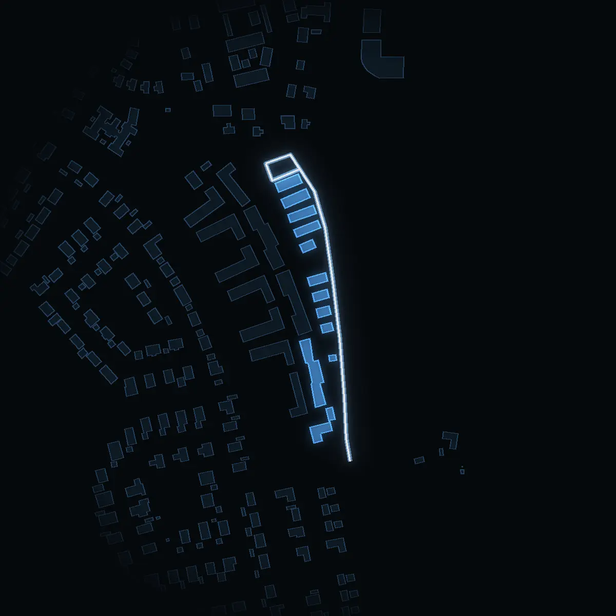 The street at night: Sunnanvindsgränd drawn in white, its buildings lit in the colour of their area’s income