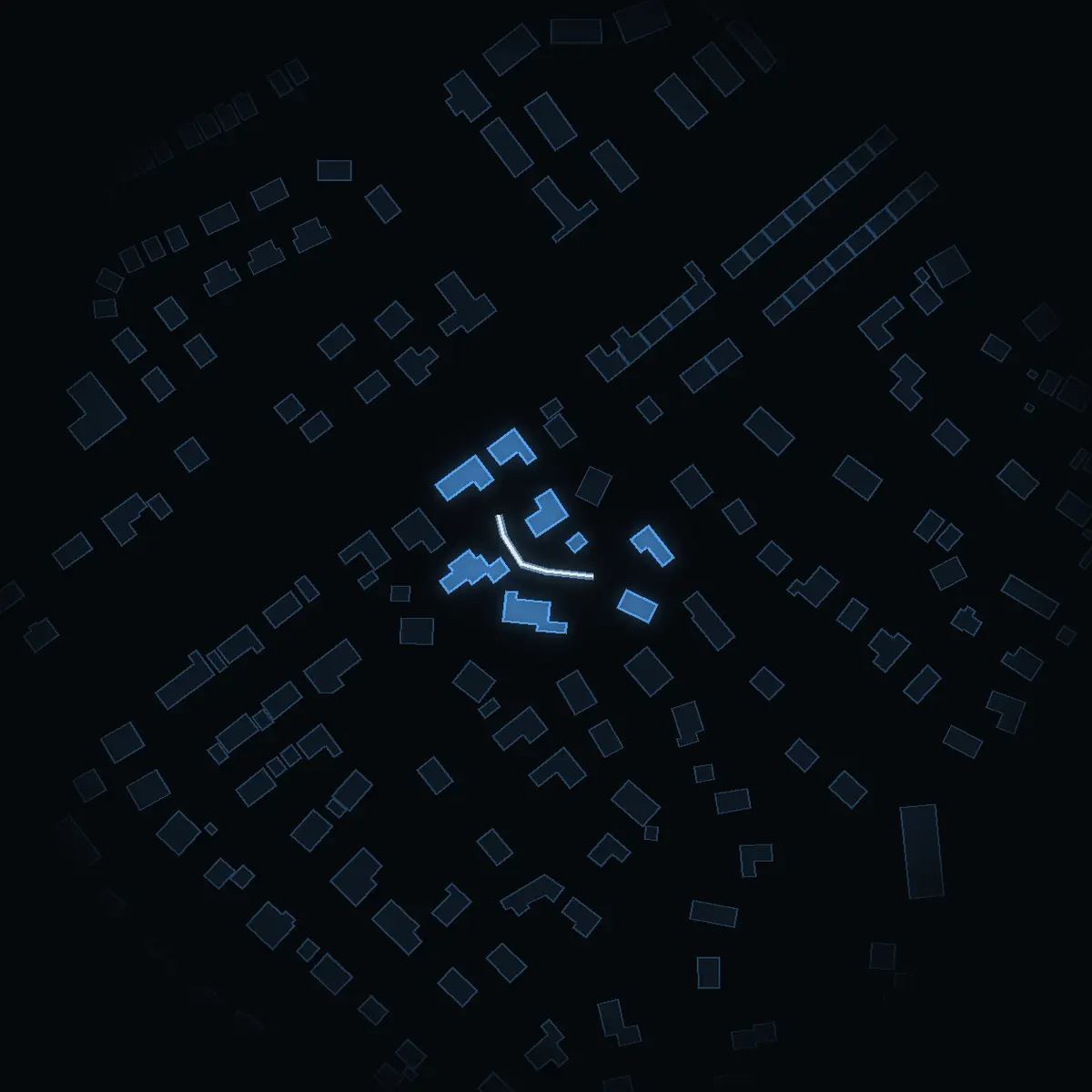The street at night: Svärdvägen drawn in white, its buildings lit in the colour of their area’s income