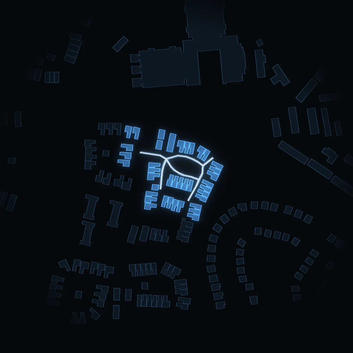 The street at night: Symfonigränd drawn in white, its buildings lit in the colour of their area’s income