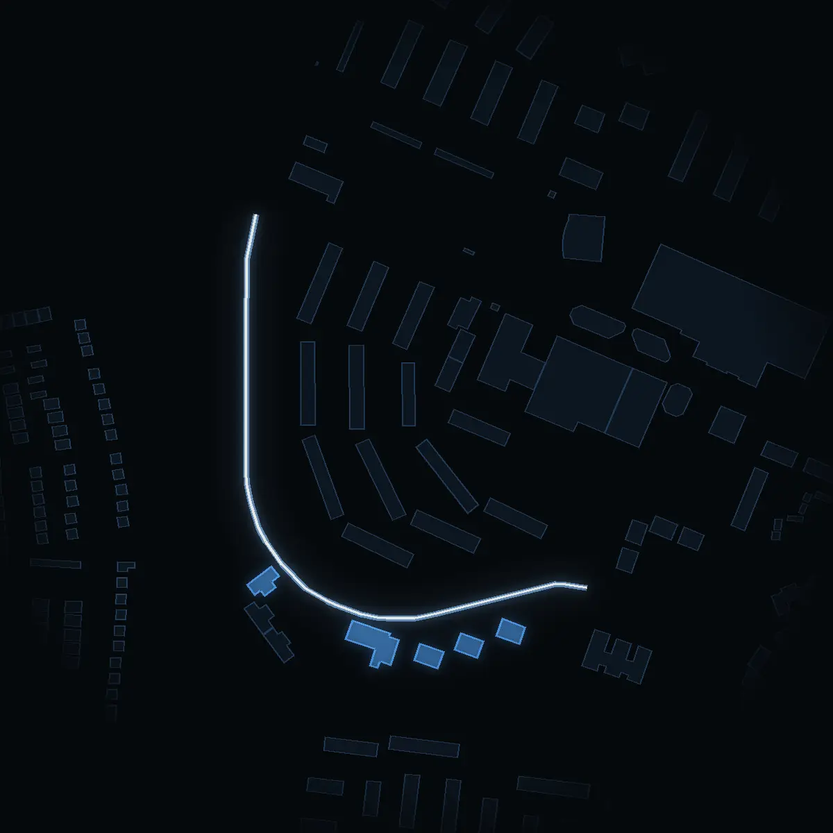 The street at night: Tegvägen drawn in white, its buildings lit in the colour of their area’s income