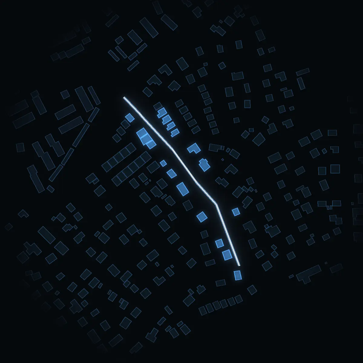 The street at night: Tellusvägen drawn in white, its buildings lit in the colour of their area’s income