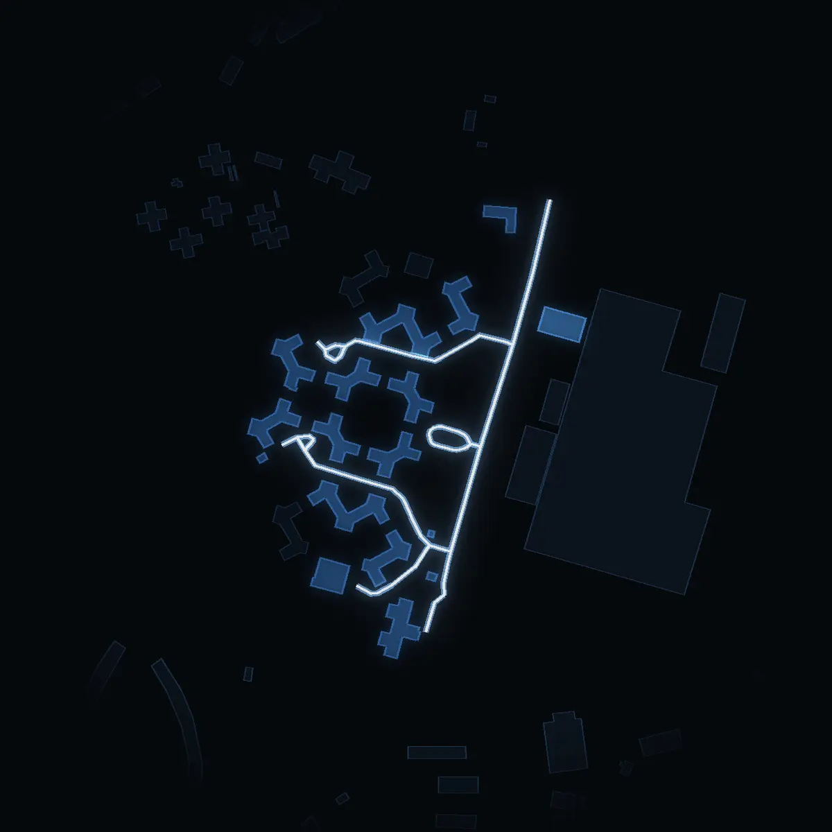 The street at night: Termovägen drawn in white, its buildings lit in the colour of their area’s income