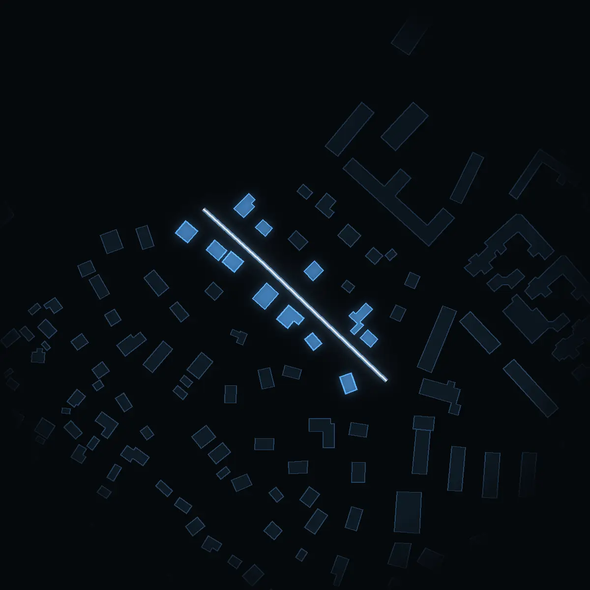 The street at night: Tjädervägen drawn in white, its buildings lit in the colour of their area’s income