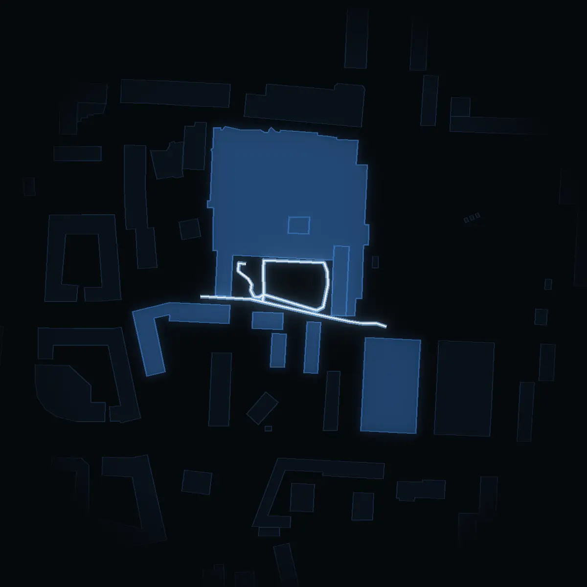 The street at night: Tornérplatsen drawn in white, its buildings lit in the colour of their area’s income