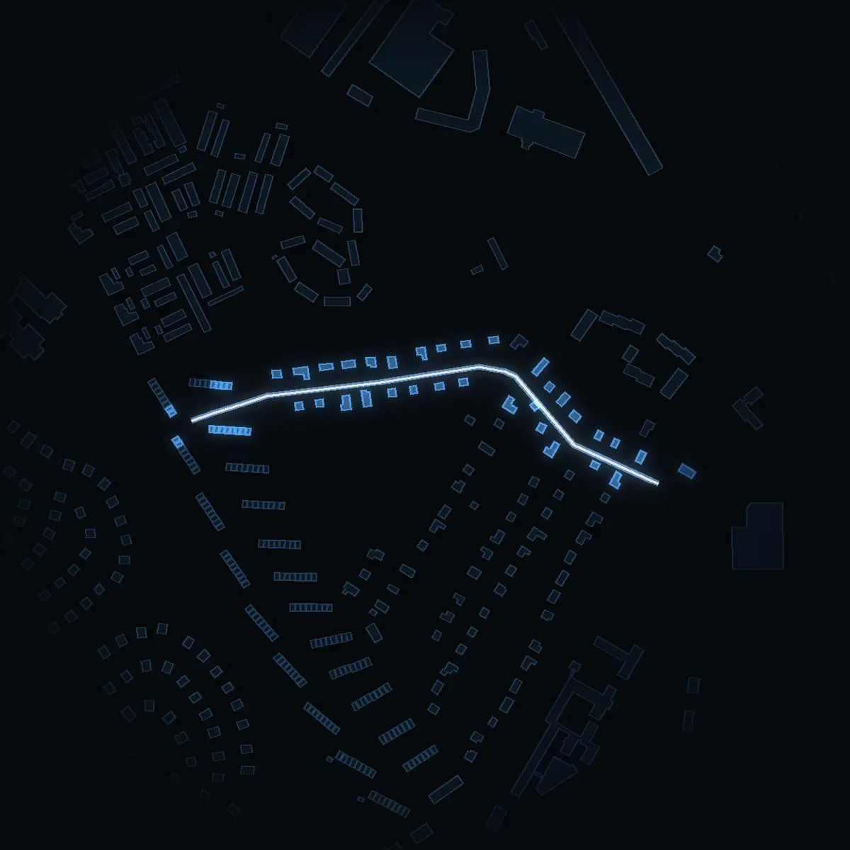 The street at night: Trimvägen drawn in white, its buildings lit in the colour of their area’s income