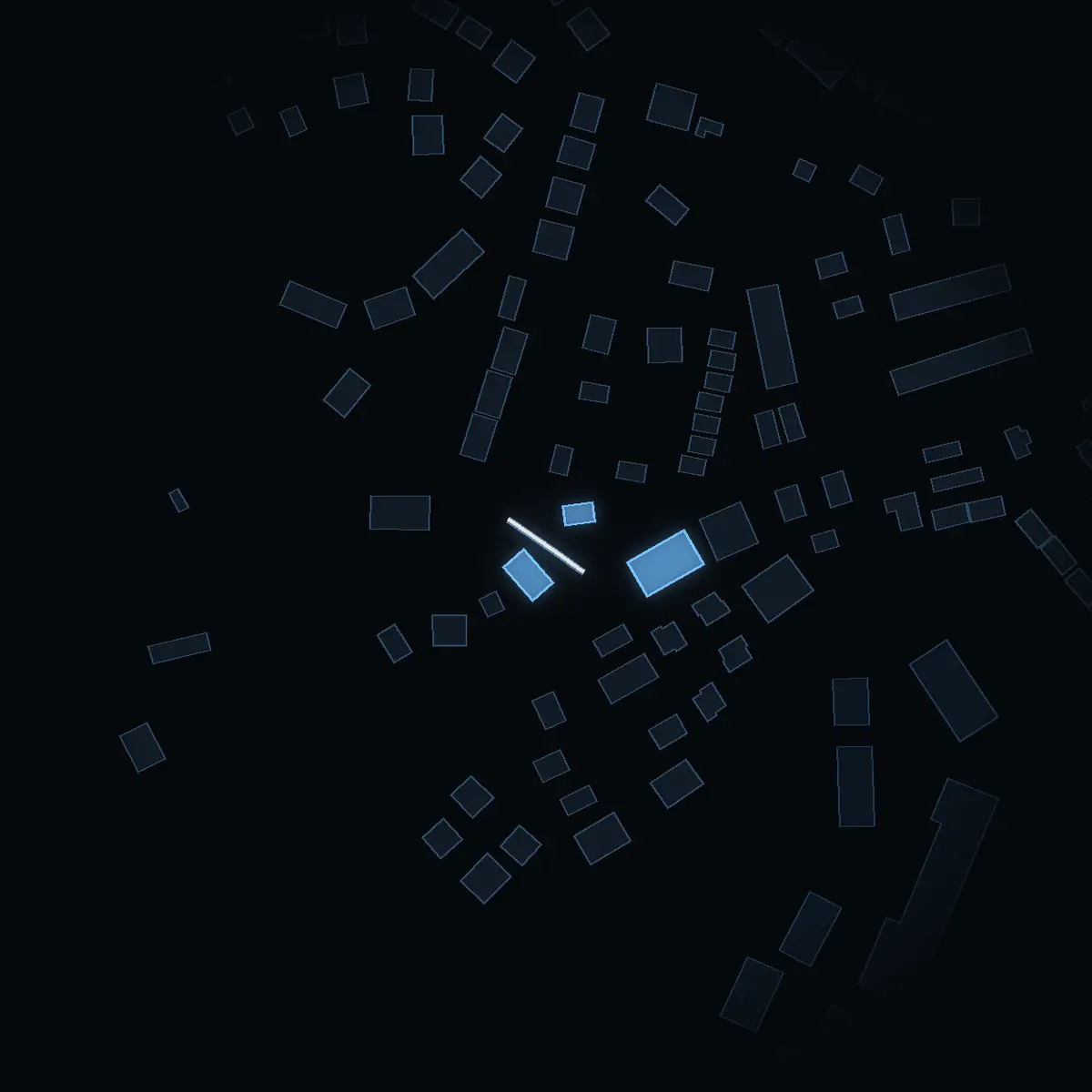 The street at night: Tvärvägen drawn in white, its buildings lit in the colour of their area’s income