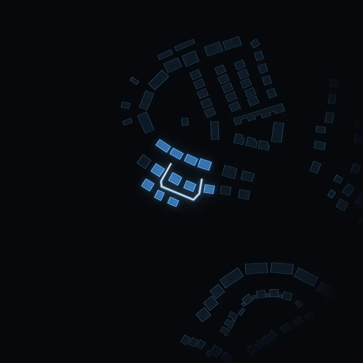 The street at night: Tyfongränd drawn in white, its buildings lit in the colour of their area’s income