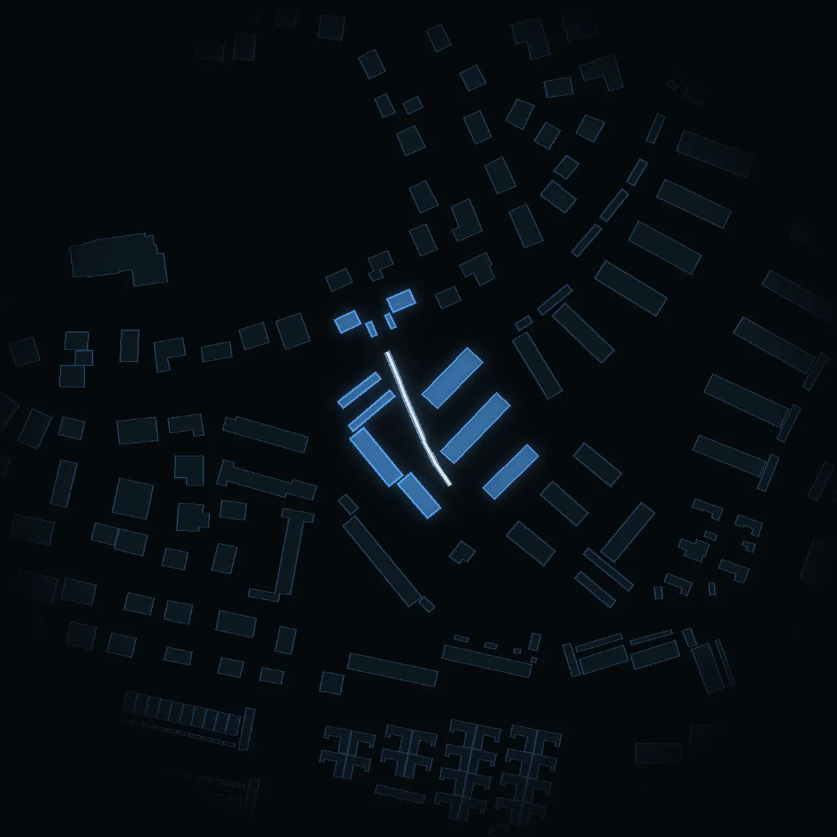 The street at night: Uranusvägen drawn in white, its buildings lit in the colour of their area’s income