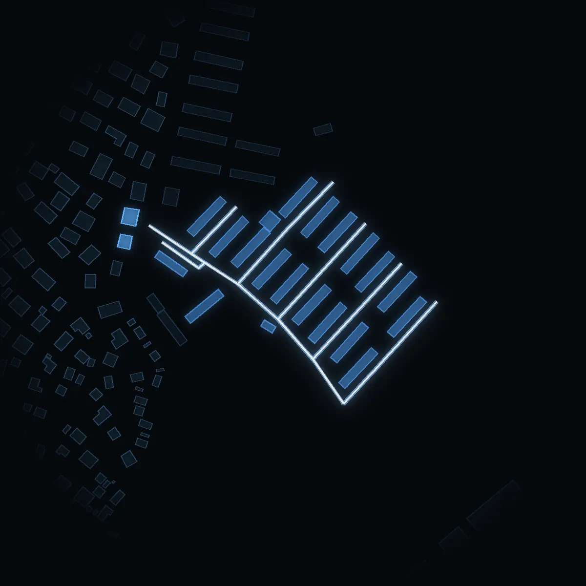 The street at night: Vålbergavägen drawn in white, its buildings lit in the colour of their area’s income