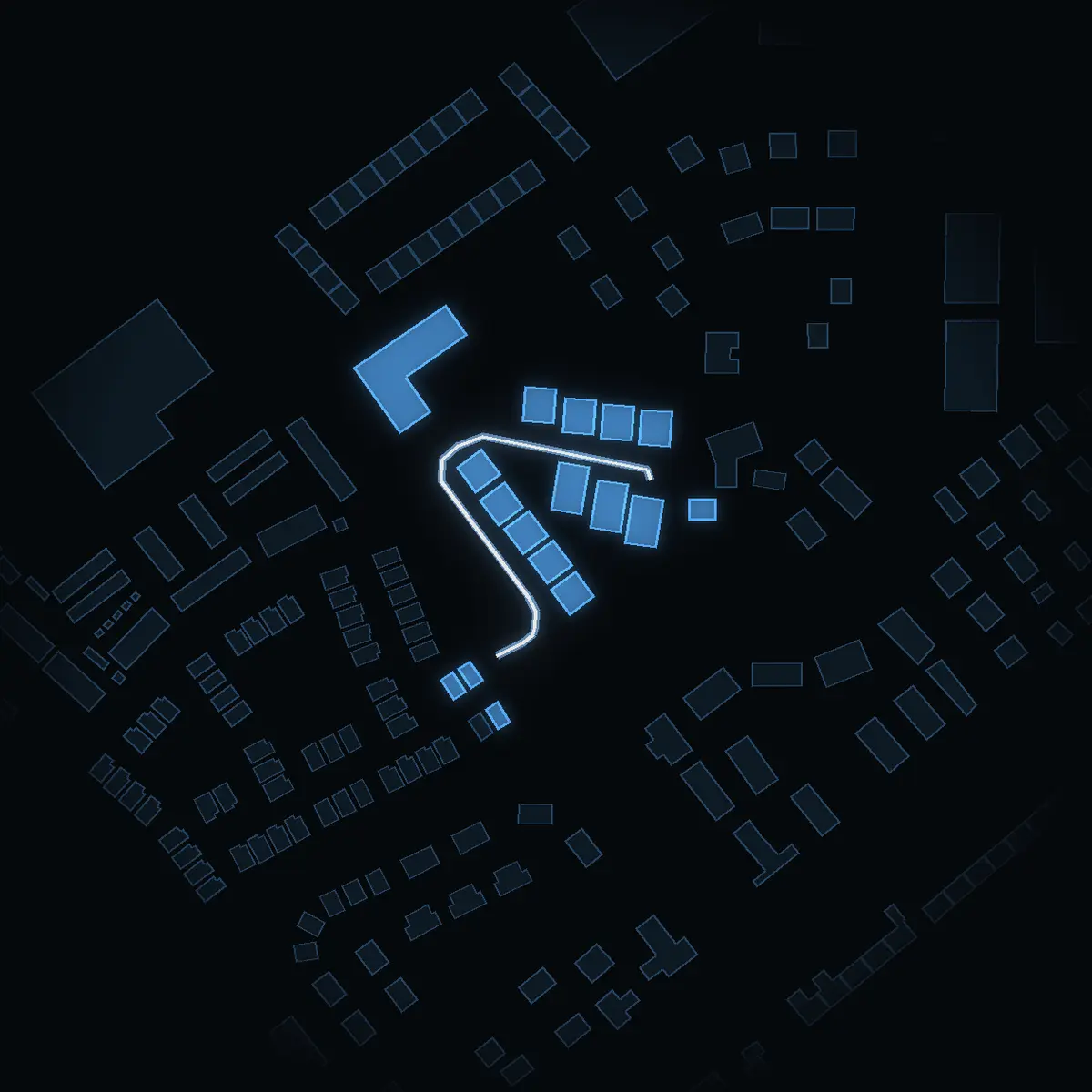 The street at night: Vendelgränd drawn in white, its buildings lit in the colour of their area’s income