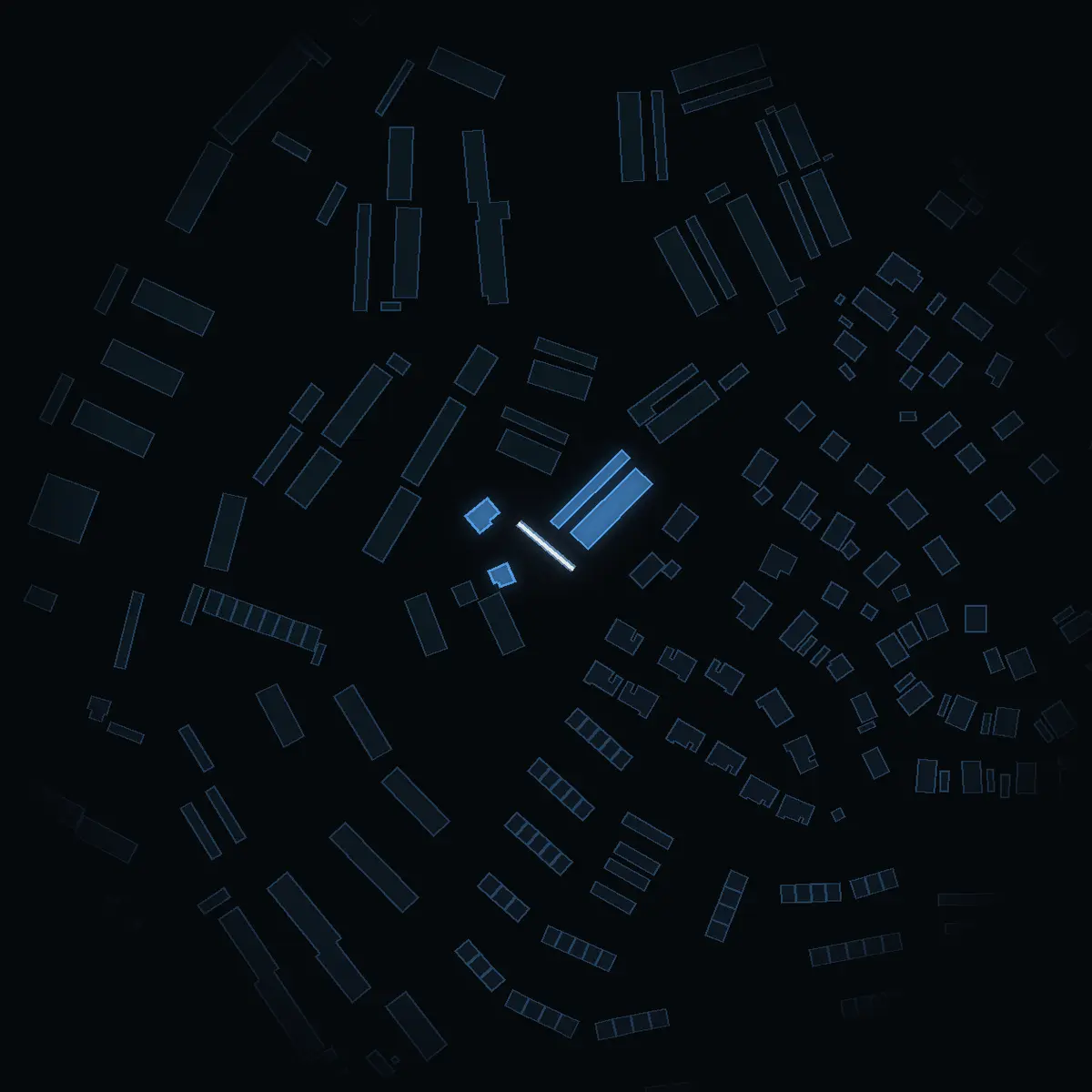 The street at night: Vildgässbacken drawn in white, its buildings lit in the colour of their area’s income