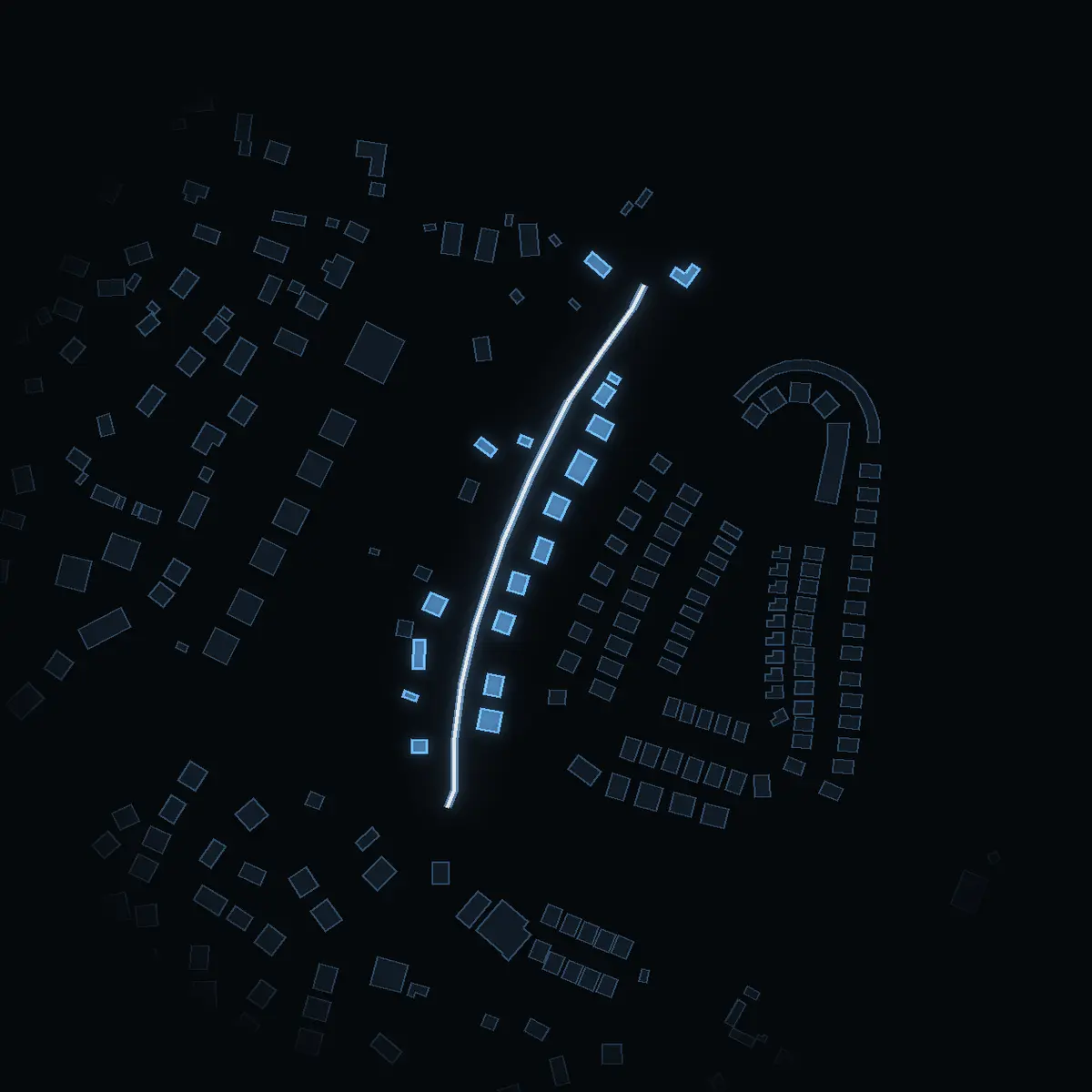 The street at night: Wilhelm Boys väg drawn in white, its buildings lit in the colour of their area’s income