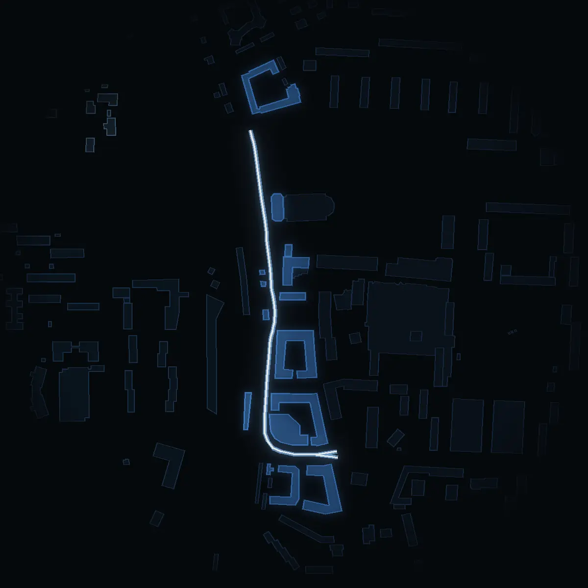 The street at night: Ynglingavägen drawn in white, its buildings lit in the colour of their area’s income