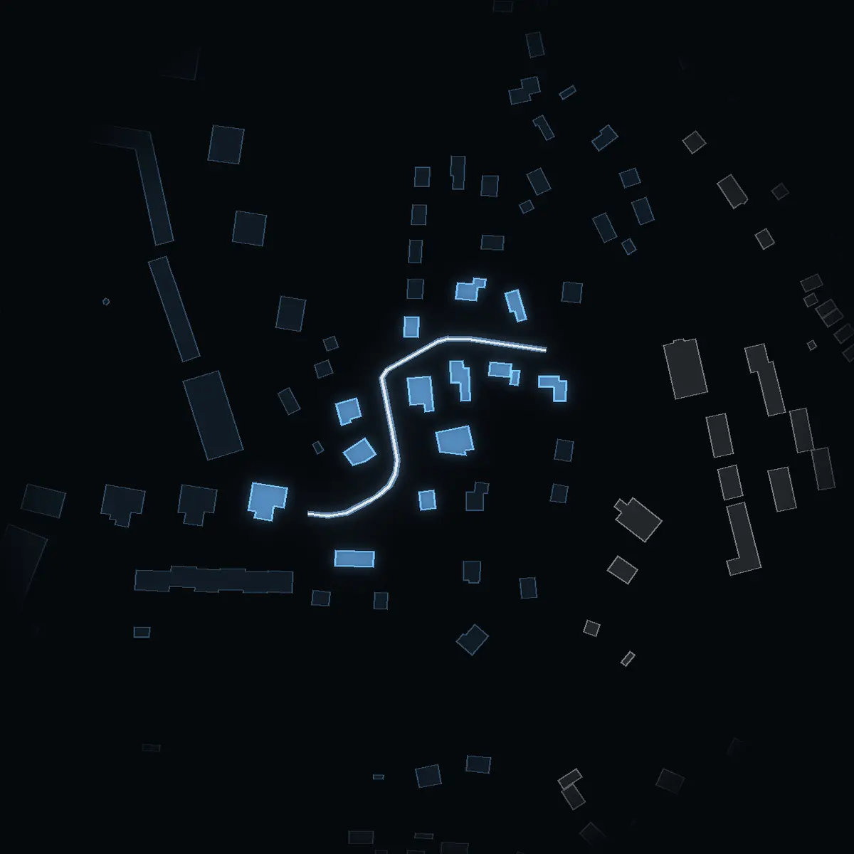 The street at night: Almvägen drawn in white, its buildings lit in the colour of their area’s income