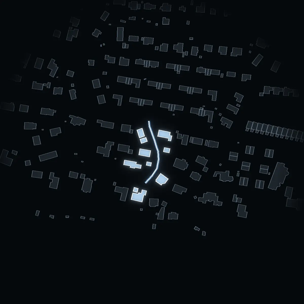 The street at night: Alpstigen drawn in white, its buildings lit in the colour of their area’s income
