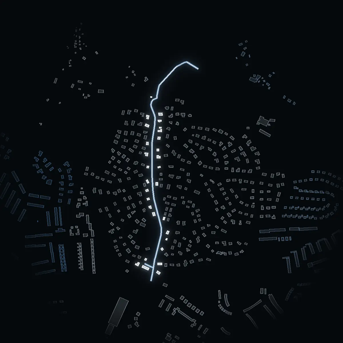 The street at night: Askrikevägen drawn in white, its buildings lit in the colour of their area’s income