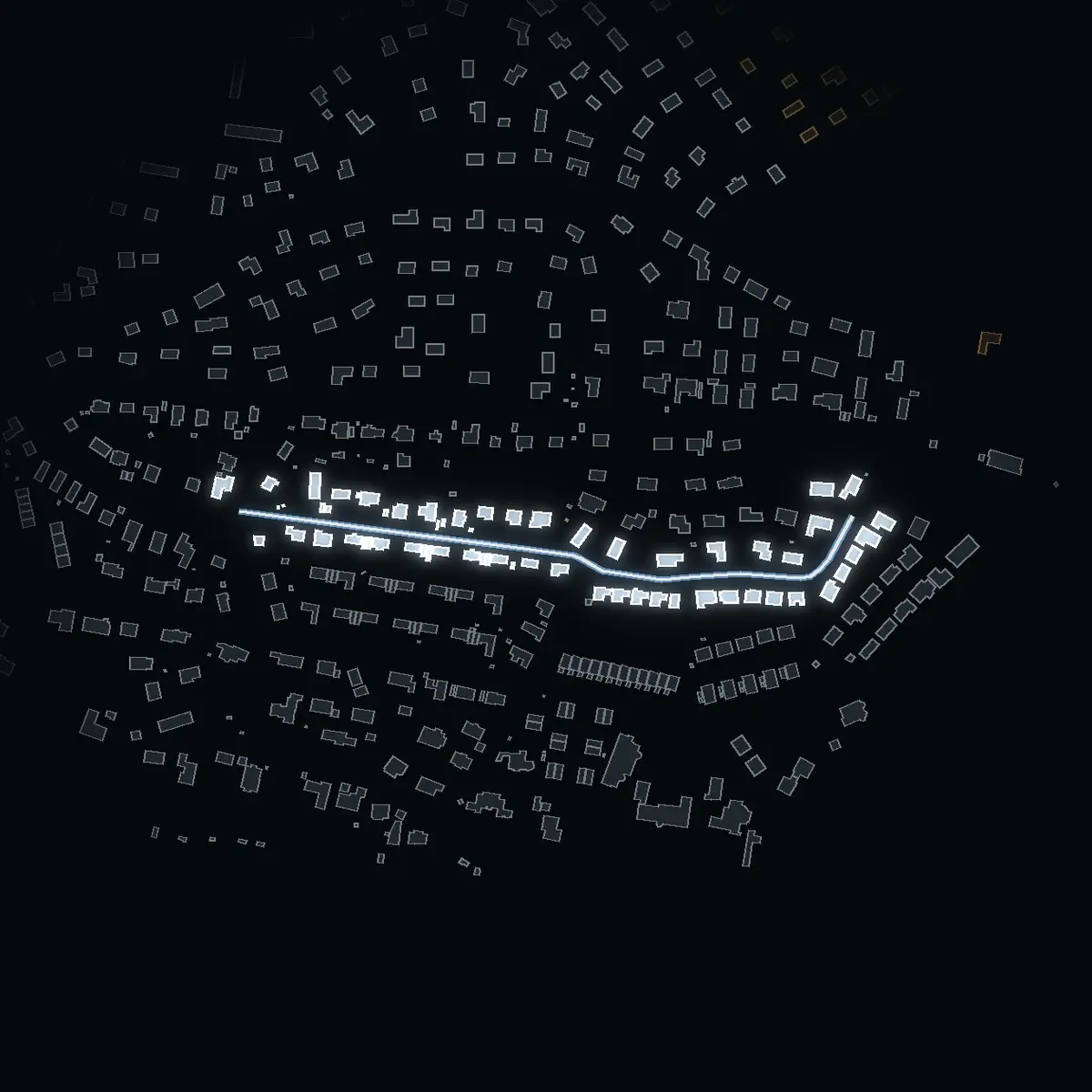 The street at night: Barrstigen drawn in white, its buildings lit in the colour of their area’s income